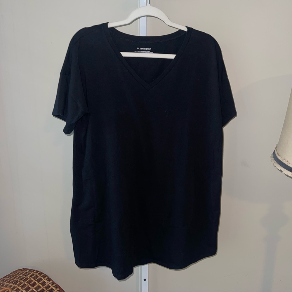 Eileen Fisher Black V Neck Tunic Tee Size Medium Relaxed Fit NWOT